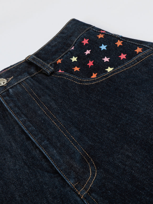 Rainbow Star Embroidered Cinch-Back Baggy Denim Jorts