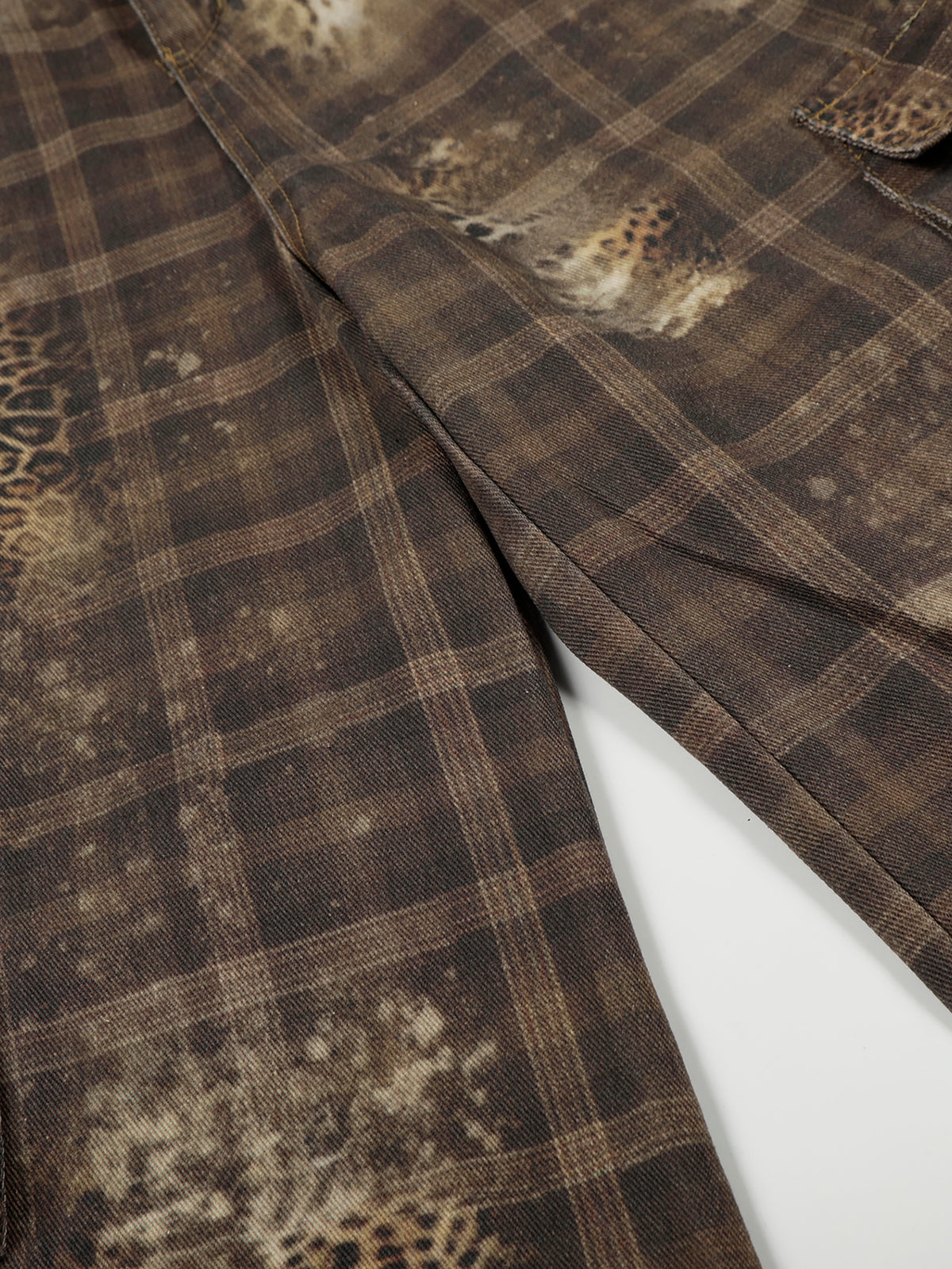 Bleached Plaid Leopard-Print Flap Cargo Baggy Denim Pants