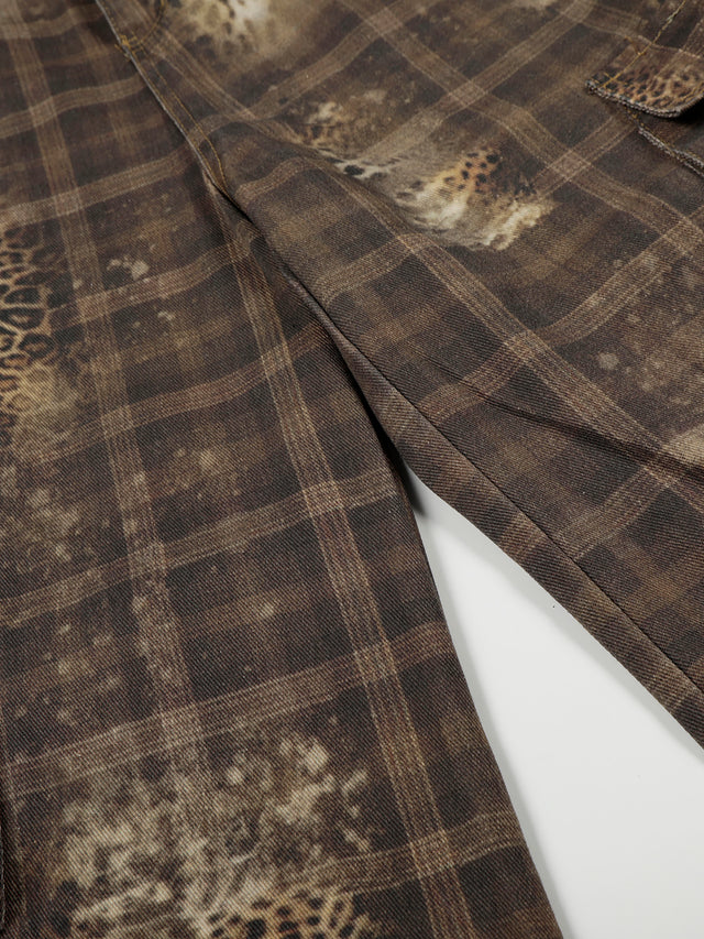 Bleached Plaid Leopard-Print Flap Cargo Baggy Denim Pants