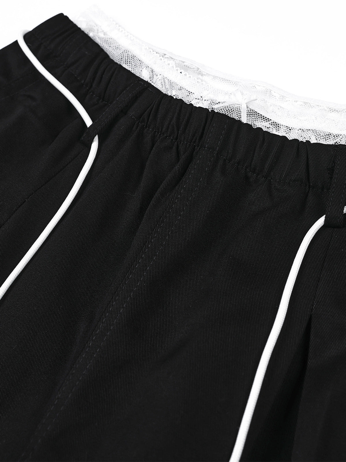Lace Double-Waistband Contrast-Piping Baggy Barrel Pants