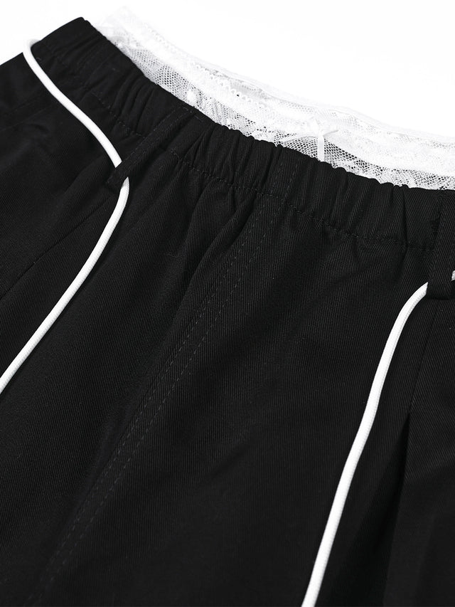 Lace Double-Waistband Contrast-Piping Baggy Barrel Pants