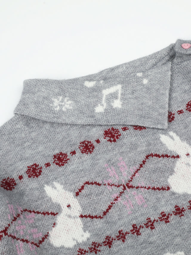 Bunny Argyle Jacquard Asymmetrical Foldover Collar Cable-Waist Slim Knit Sweater