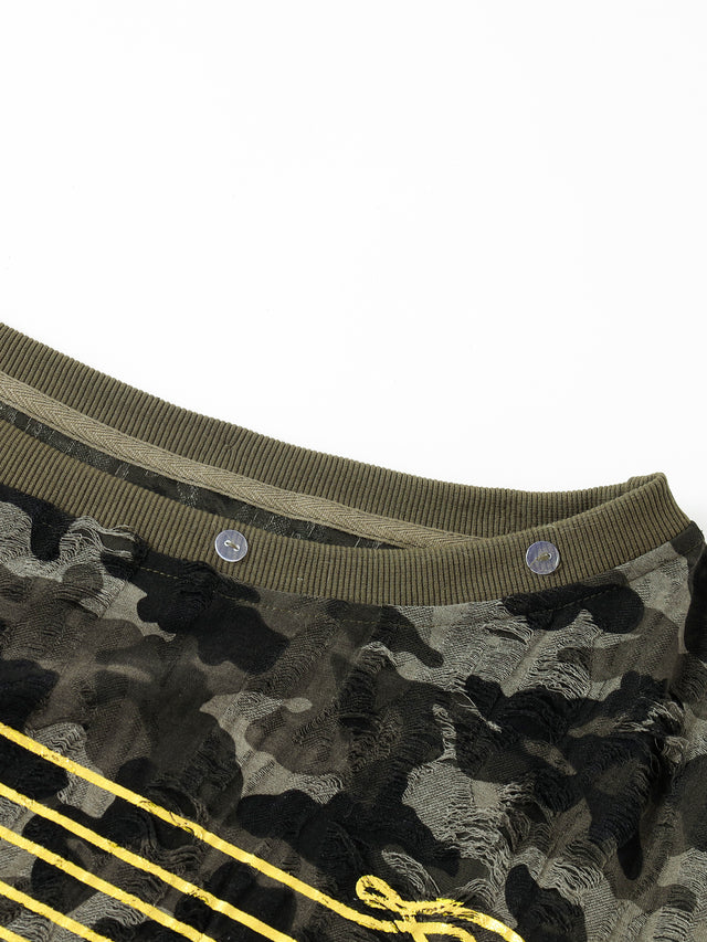 Faux-Fur Trim Distressed Camouflage Military Frog-Braiding Oversized Sweatshirt