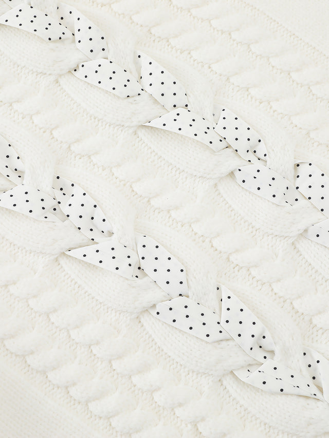Ribbon-Woven Cable-Knit Asymmetrical Turtleneck Regular-Fit Sweater