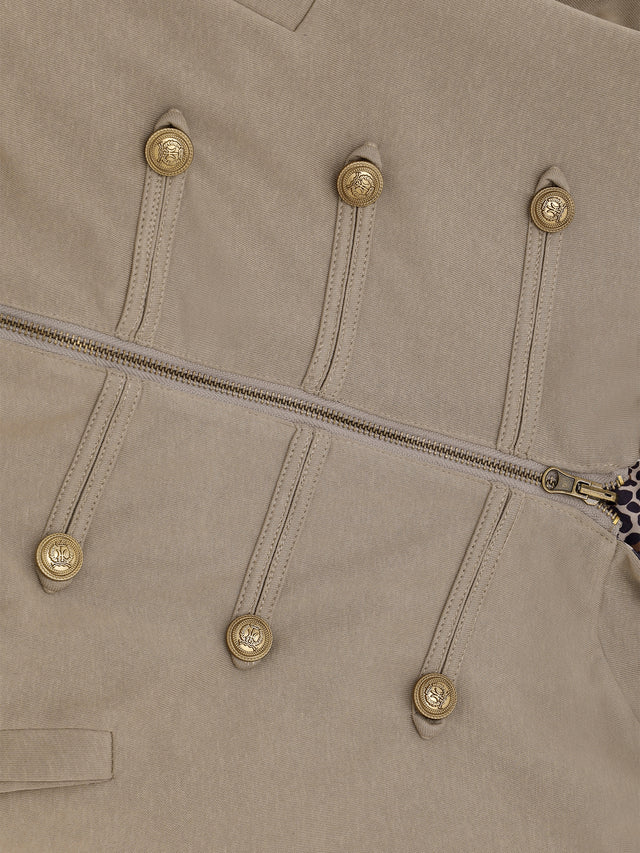 Leopard-Back Military-Button Reversible-Look Boxy Zip Hoodie