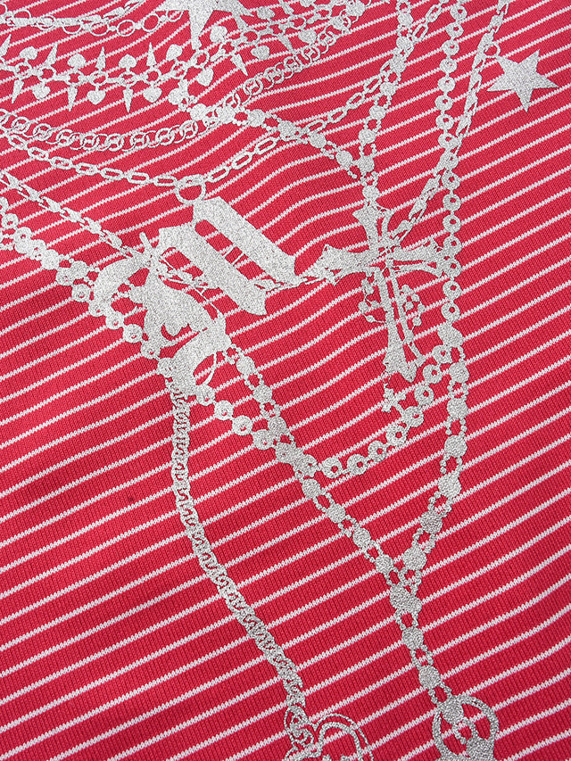 Striped Off-Shoulder Chain-Graphic Loose Long-Sleeve Top