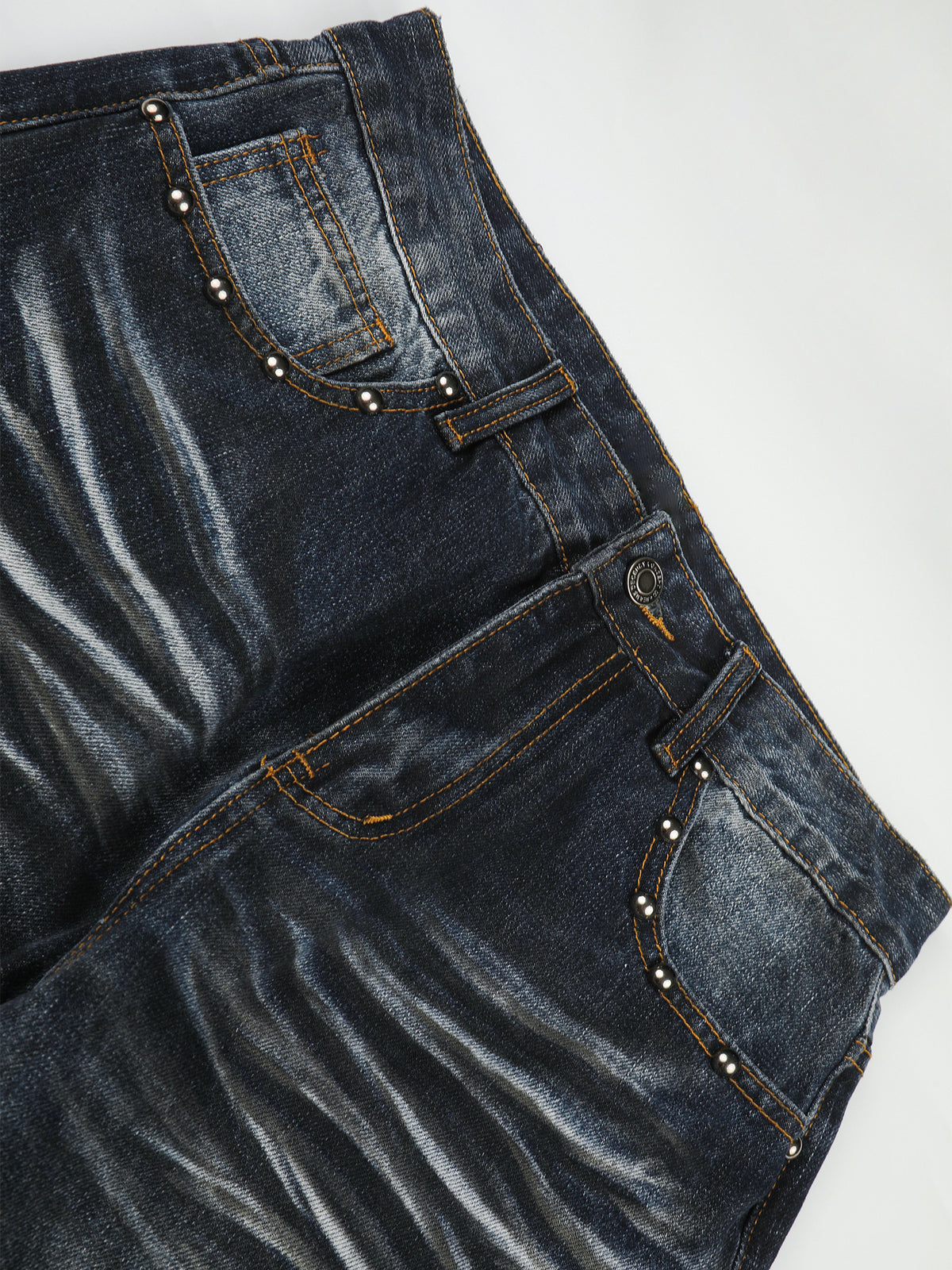 Studded-Pocket Whiskered Union-Jack Straight-Leg Jeans