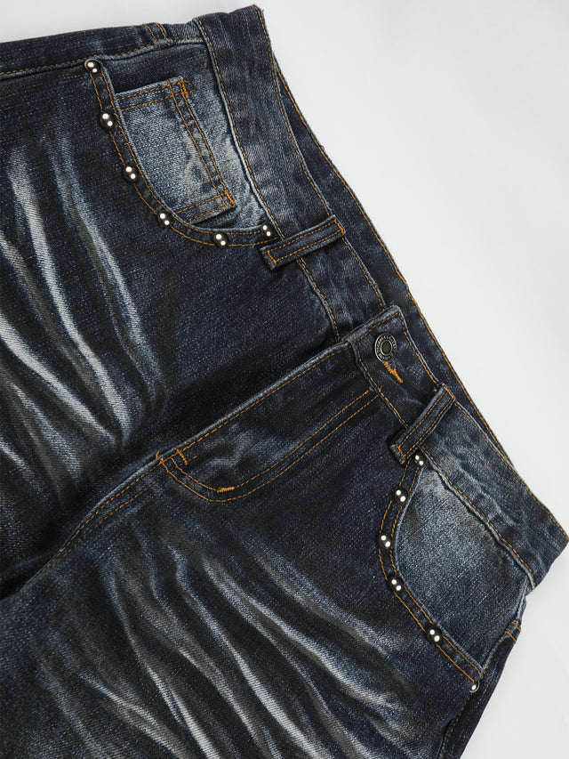 Studded-Pocket Whiskered Union-Jack Straight-Leg Jeans