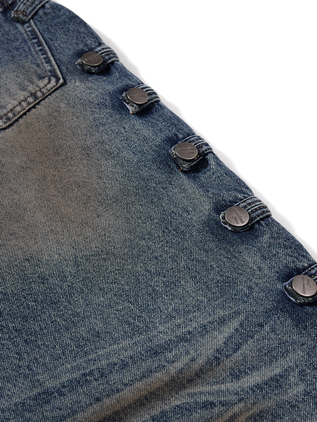 Buttoned Side-Tab Whiskered Super Baggy Denim Jeans