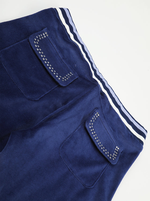 Rhinestone Studded Velour Straight-Leg Pants