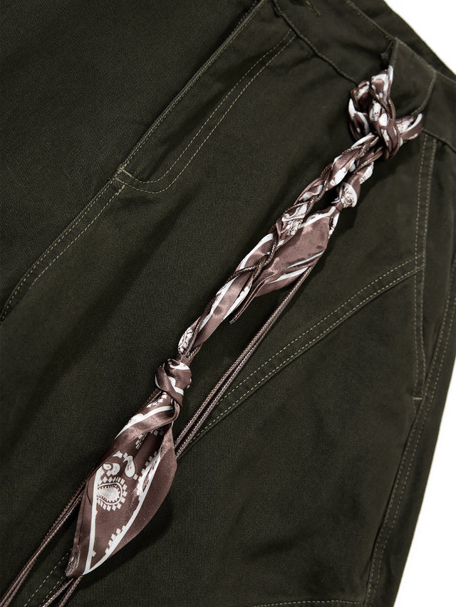 Bandana-Accented Multi-Pocket Stacked Cargo Baggy Pants
