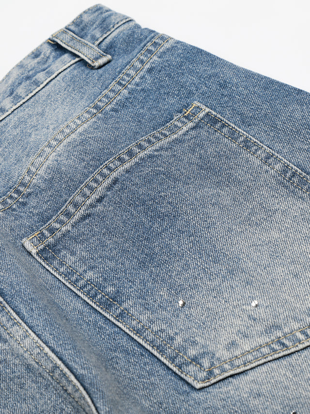 Rhinestone Spattered Faded Baggy Jeans