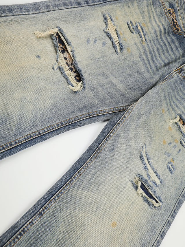 Leopard-Patch Distressed Washed Straight-Leg Jeans