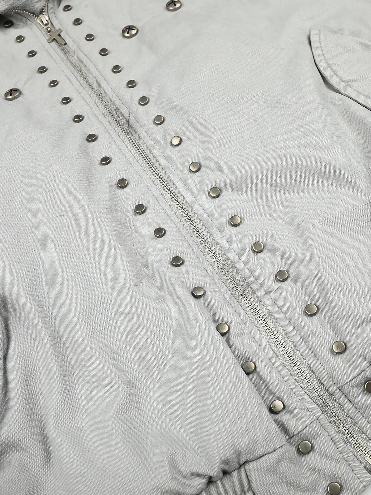 Faux-Fur Collar Cross-Studded Military Boxy Bomber Jacket