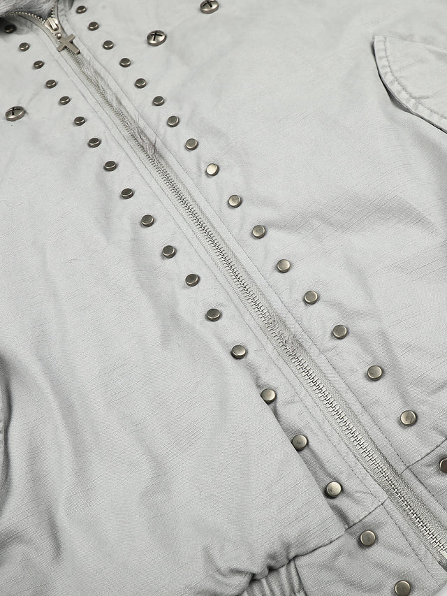 Faux-Fur Collar Cross-Studded Military Boxy Bomber Jacket