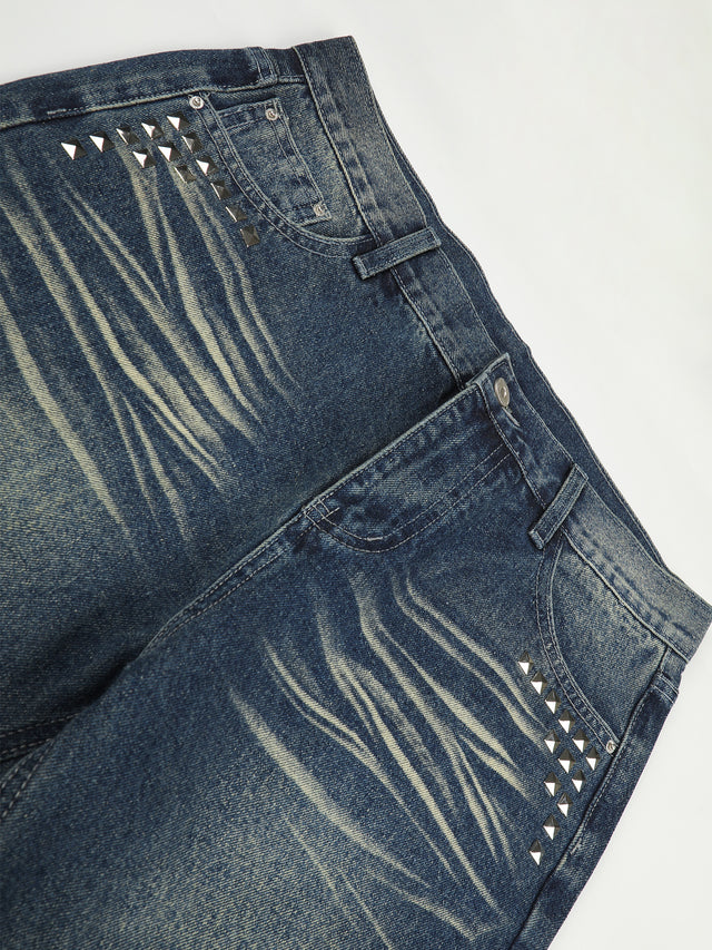 Studded-Cross Whiskered-Faded Bootcut Jeans