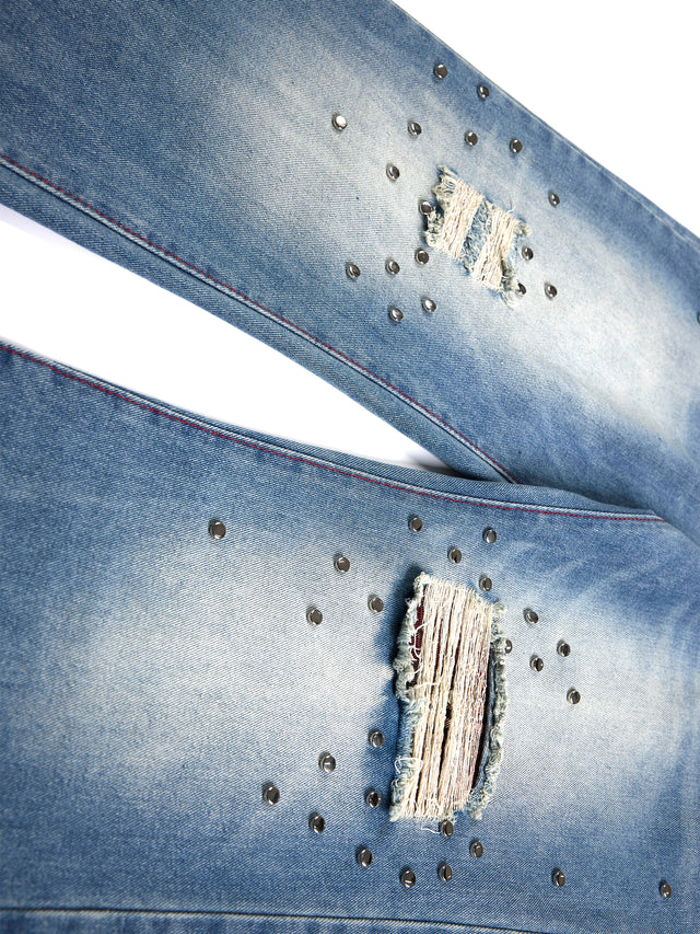 Studded Distressed Straight-Leg Jeans