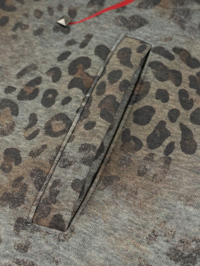 Tribal Studded Leopard Graphic Double-Headed Eagle Boxy Zip Hoodie