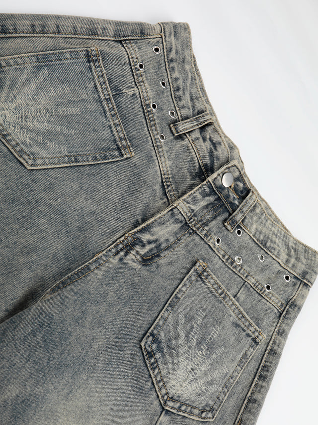 Washed Patch-Pocket Baggy Jeans