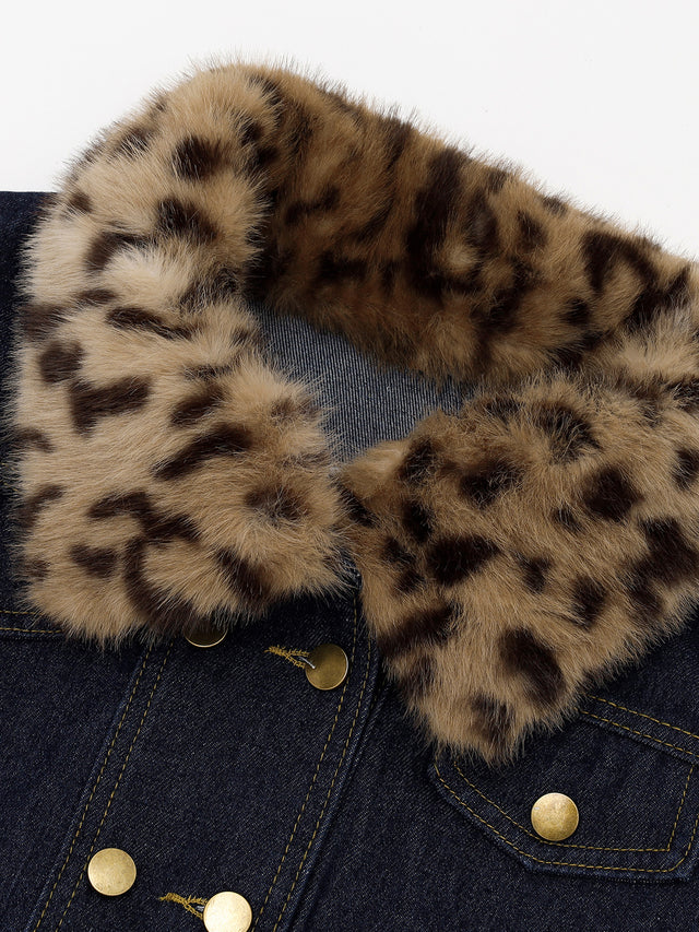 Double-Breasted Faux-Fur Collar Boxy Denim Jacket