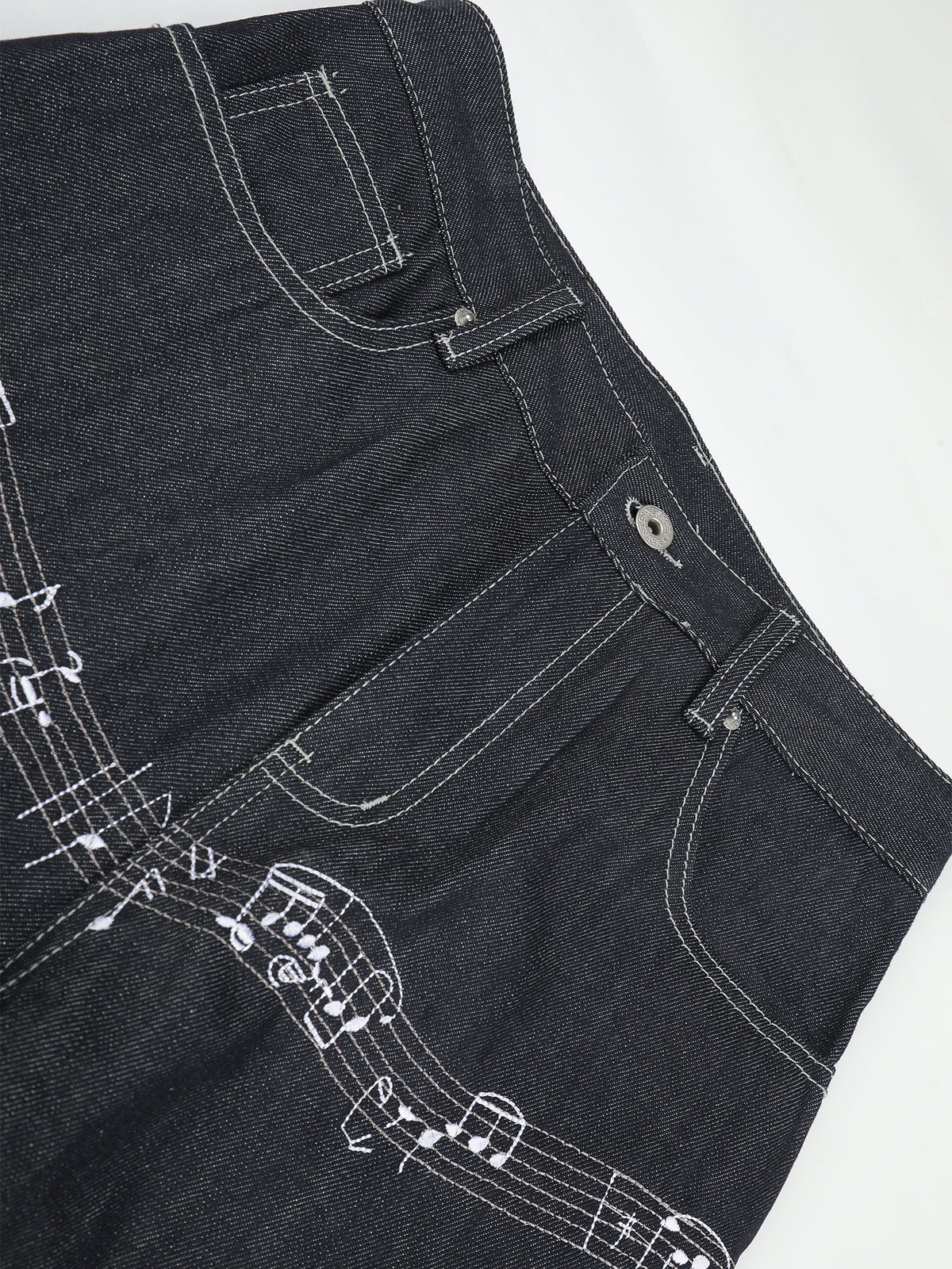 Musical-Staff Embroidery Cinch-Back Straight-Leg Jeans