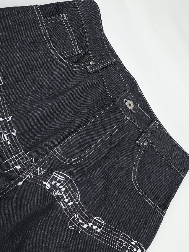 Musical-Staff Embroidery Cinch-Back Straight-Leg Jeans