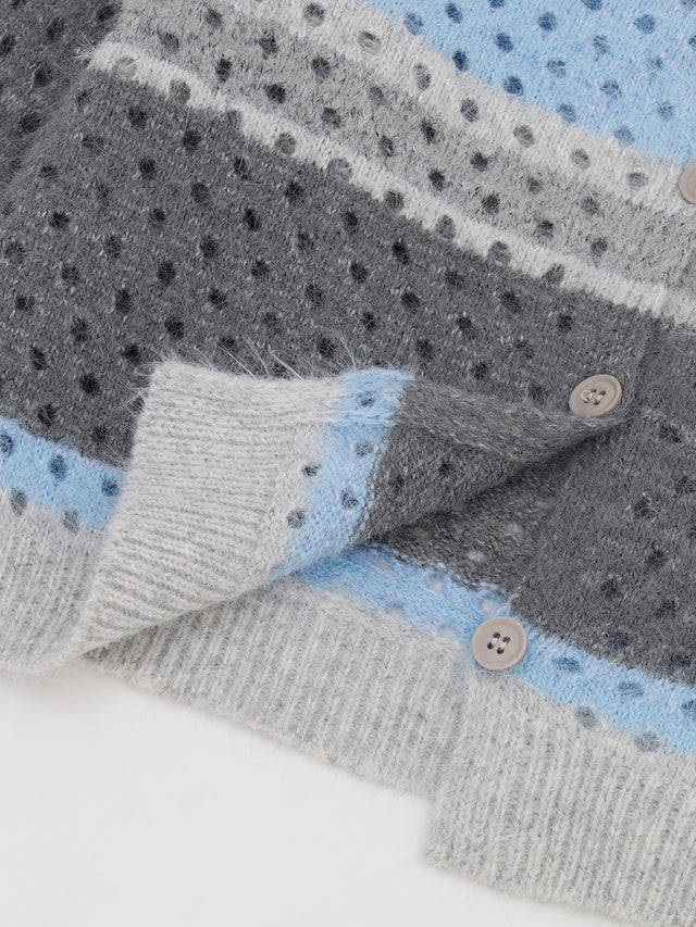 Pointelle Striped Knit Boxy Cardigan With Scarf Set