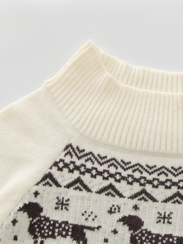 Fair Isle Dachshund Pattern Fold-Over Off-Shoulder Slim Knit Sweater