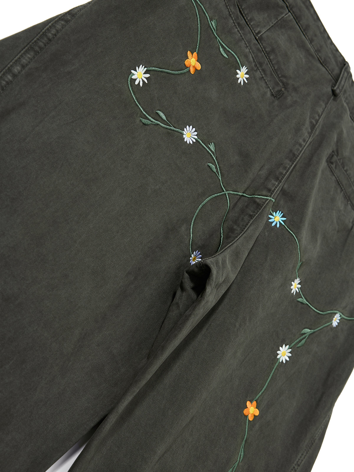 Floral-Vine Embroidered Washed Curved-Seam Baggy Pants