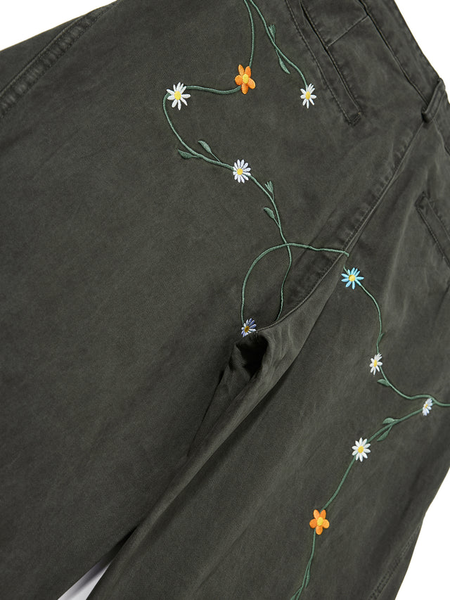 Floral-Vine Embroidered Washed Curved-Seam Baggy Pants