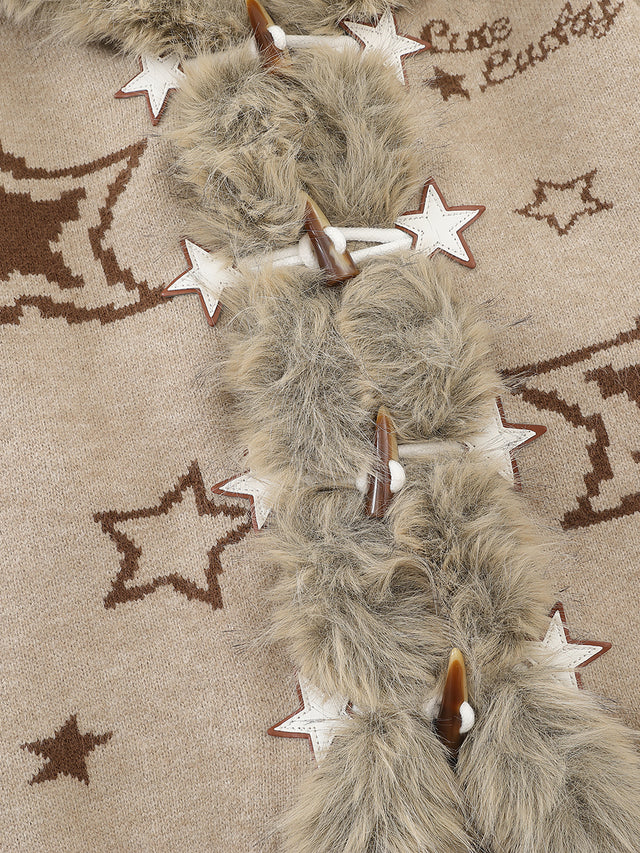 Faux-Fur-Trim Star-Jacquard Oversized Hooded Knit Cardigan
