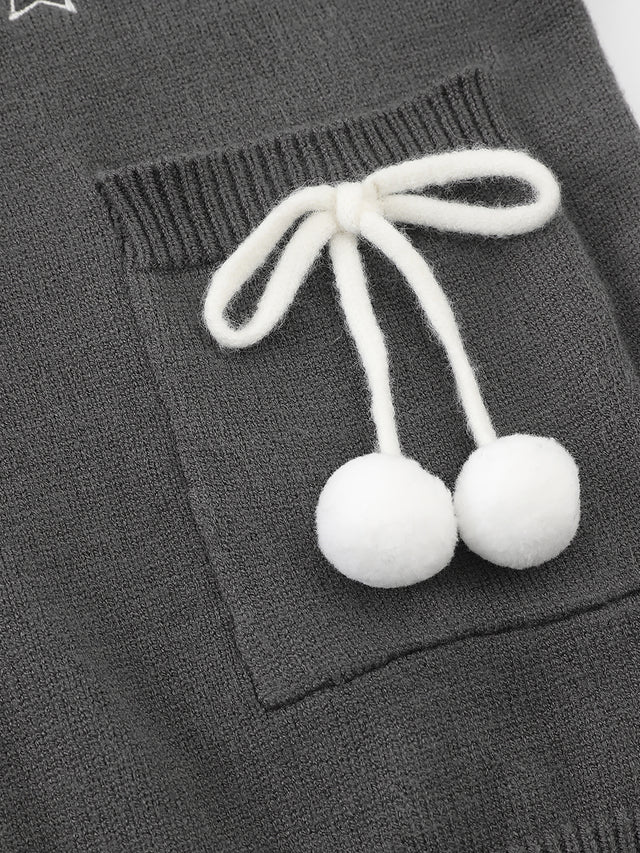 Star-Embroidered Bow-Pocket Boxy Knit Polo Shirt
