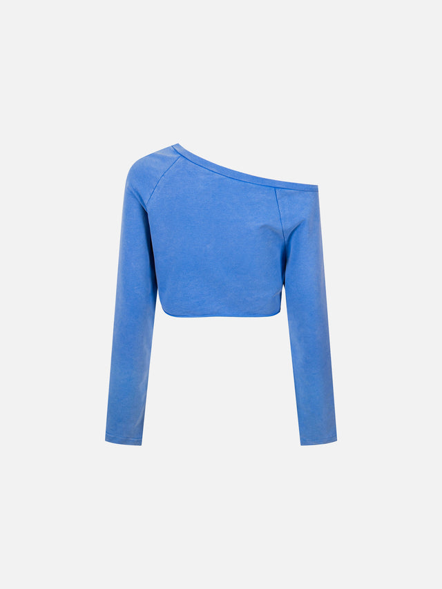 Studded Asymmetrical Off-Shoulder Cropped Long-Sleeve Sweatshirt