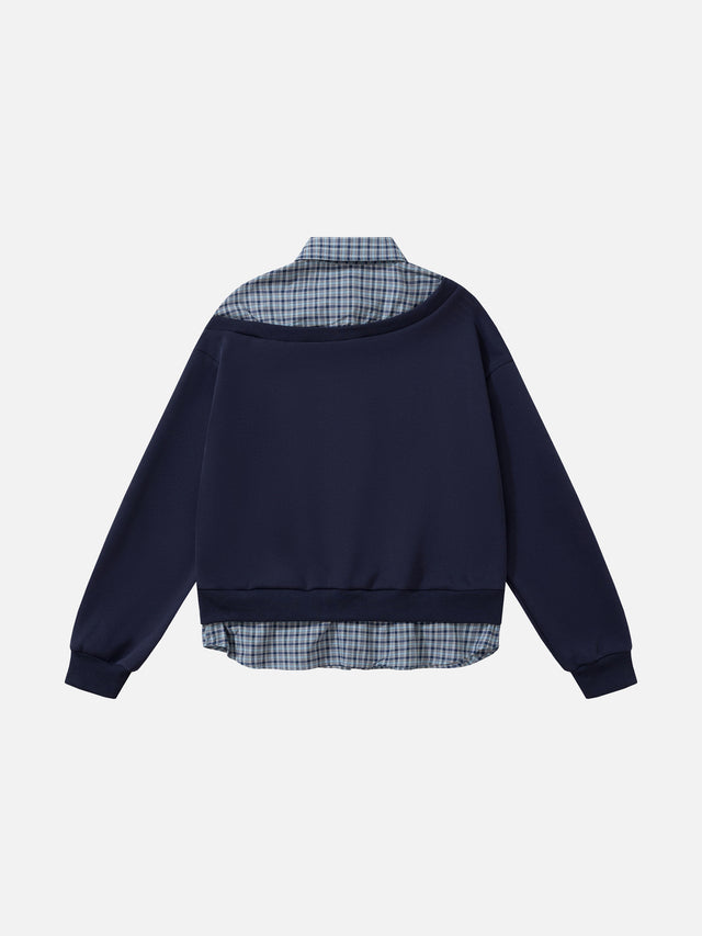 Plaid Shirt-Layered Tie-Detail Oversized Sweatshirt