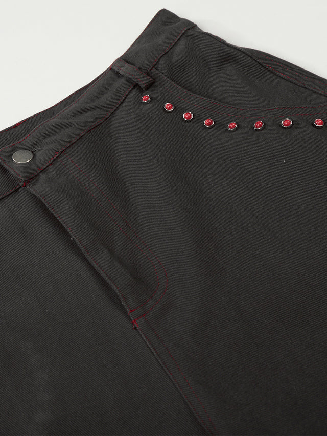 Heart-Studded Pocket Curved-Seam Baggy Wide-Leg Denim Pants