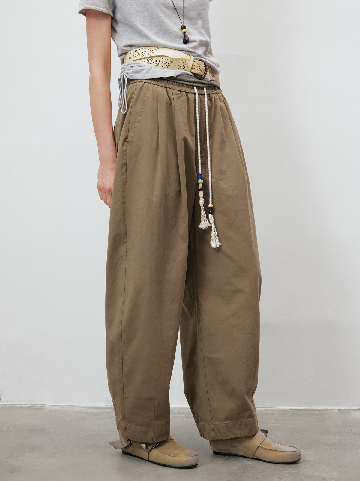 Beaded Drawstring Pleated Baggy Barrel Pants