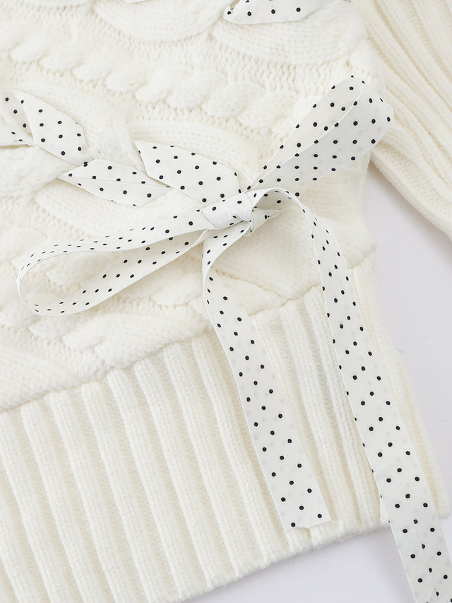 Ribbon-Woven Cable-Knit Asymmetrical Turtleneck Regular-Fit Sweater