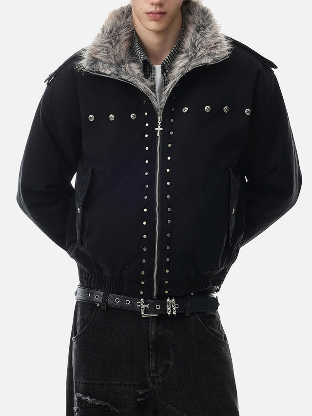 Faux-Fur Collar Cross-Studded Military Boxy Bomber Jacket