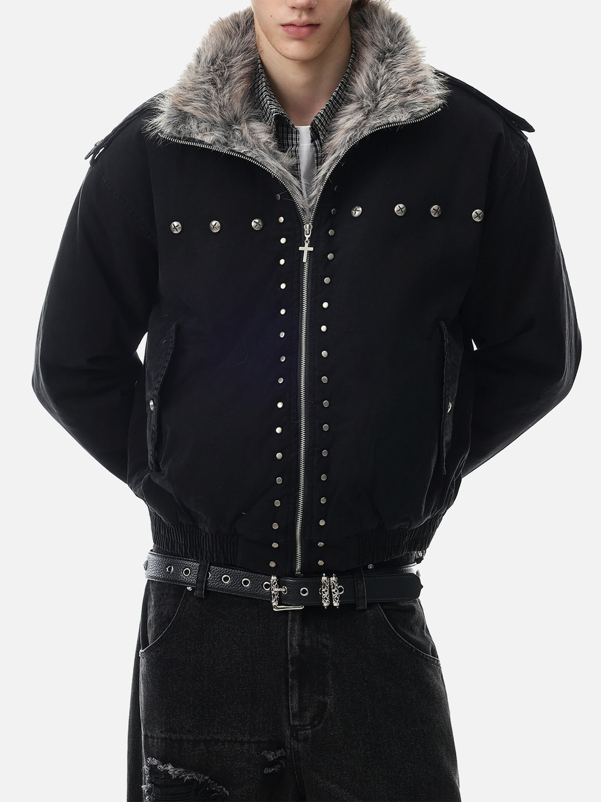 Faux-Fur Collar Cross-Studded Military Boxy Bomber Jacket