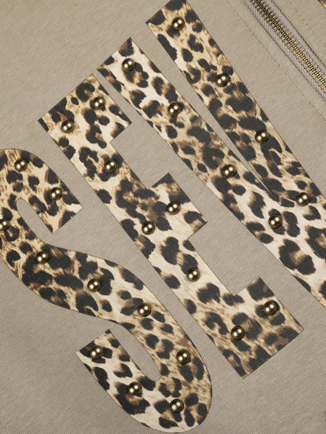 Leopard-Print Lettering Oversize Zip-Up Hoodie
