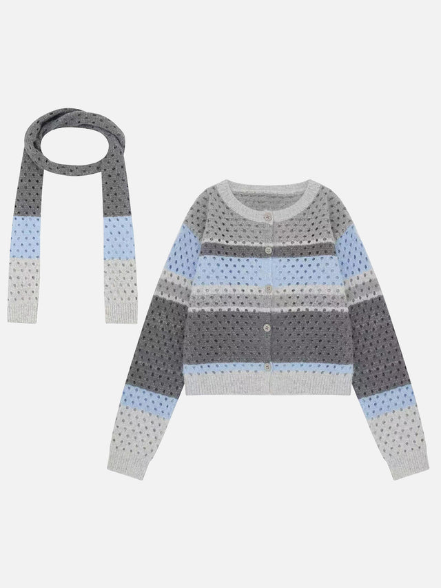 Pointelle Striped Knit Boxy Cardigan With Scarf Set