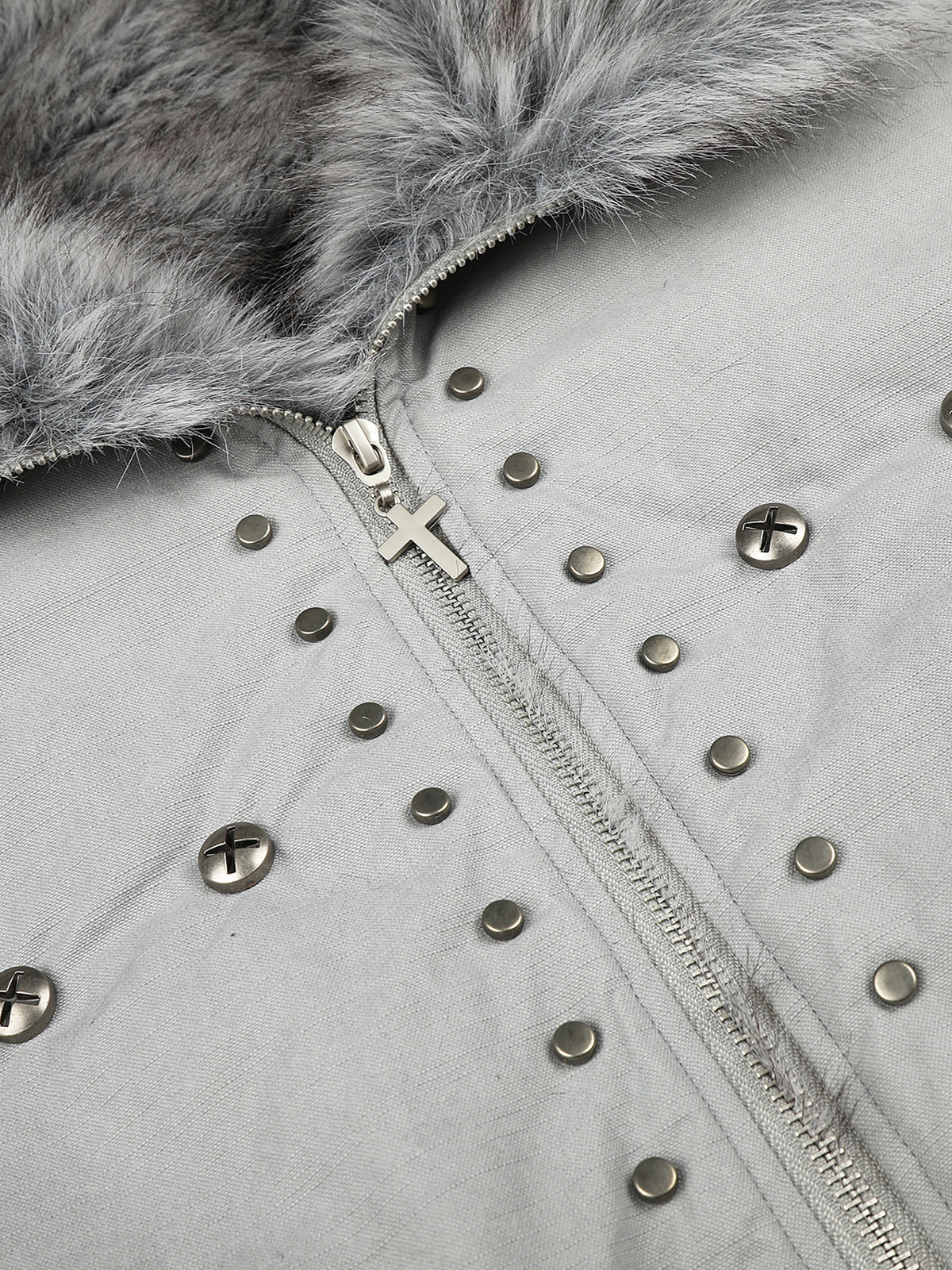 Faux-Fur Collar Cross-Studded Military Boxy Bomber Jacket