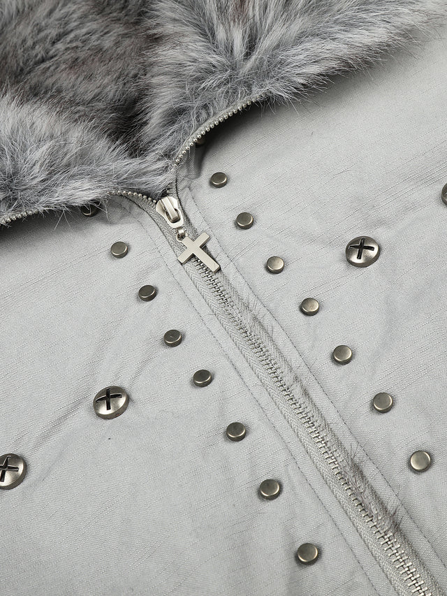 Faux-Fur Collar Cross-Studded Military Boxy Bomber Jacket