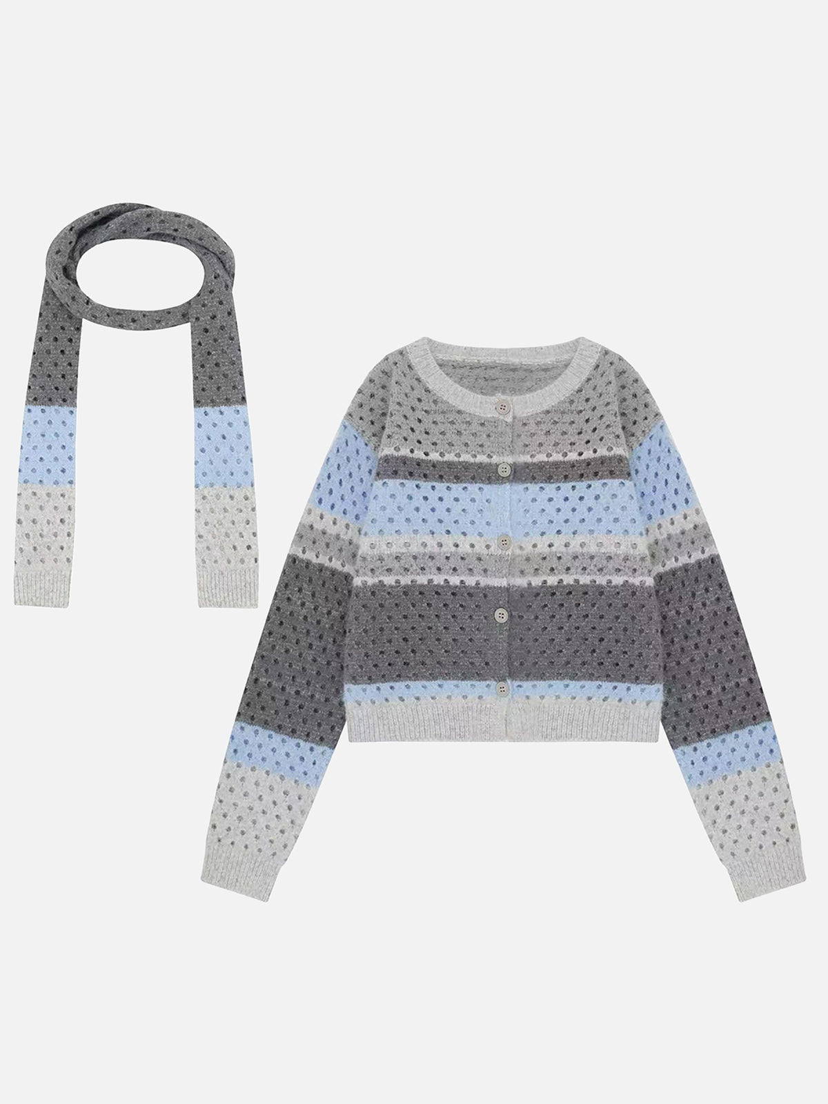 Pointelle Striped Knit Boxy Cardigan With Scarf Set