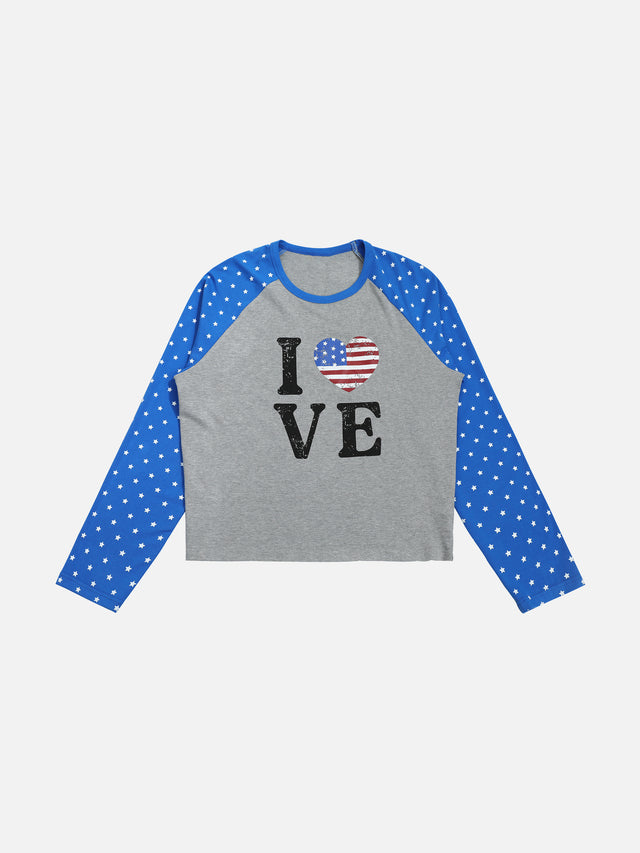 Star-Print Raglan Sleeve Cropped Graphic Long-Sleeve T-Shirt