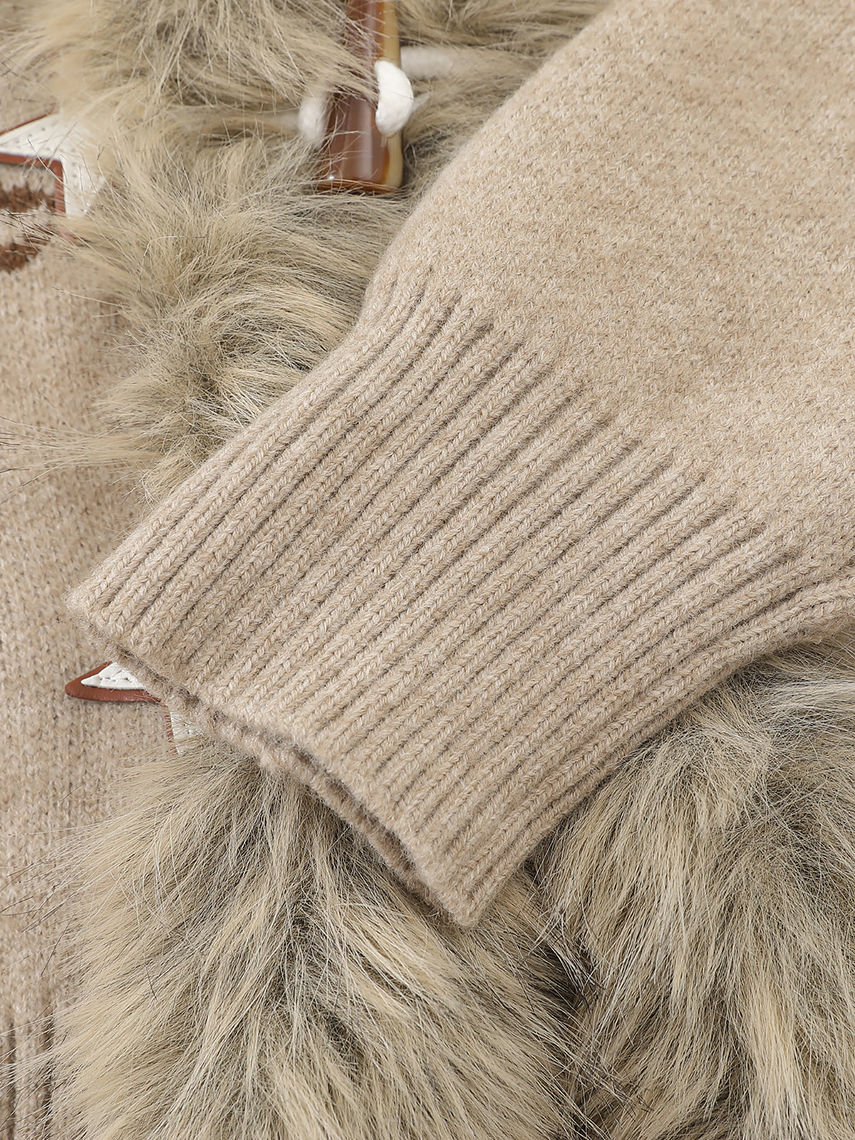 Faux-Fur-Trim Star-Jacquard Oversized Hooded Knit Cardigan