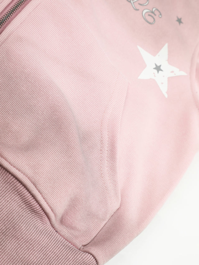 Star-Graphic Rhinestone-Trim Distressed Boxy Zip-Up Hoodie