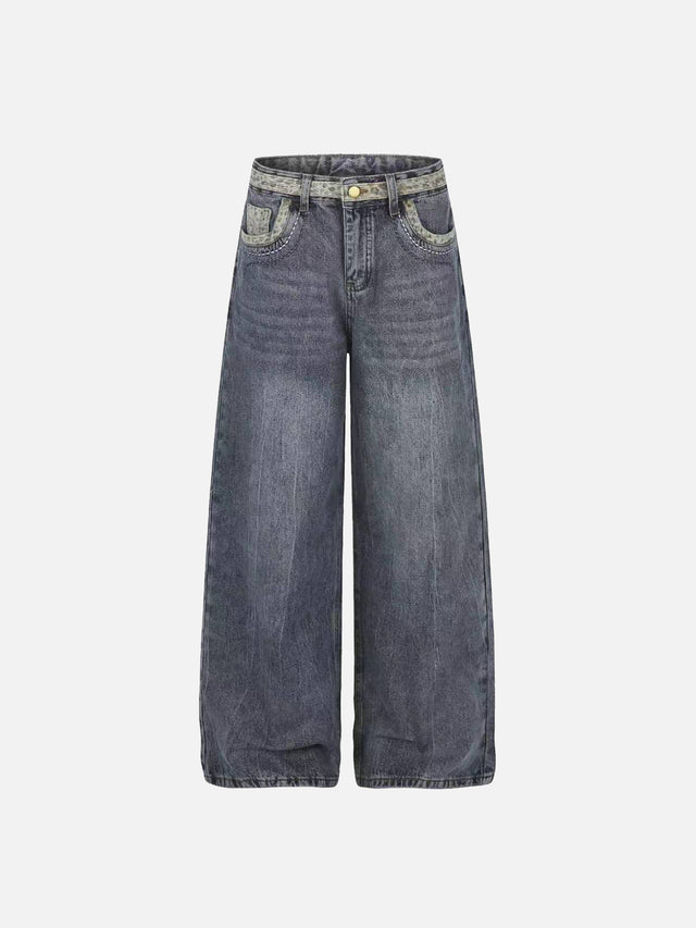 Leopard-Trim Straight-Leg Jeans