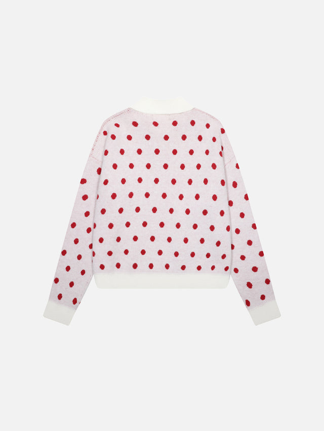 Heart Cat Graphic Polka-Dot Polo Collar Cropped Knit Sweater