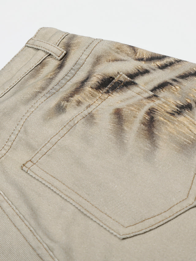Vintage Washed Tiger Print Wide Leg Denim Pants